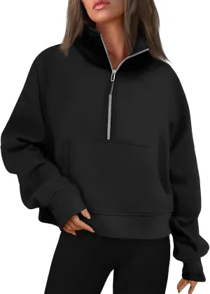 Ladies Stand Collar Hoodie Trendy Plus Fleece Sweatshirt 2024 Solid Color Loose Long Sleeve Comfy Slim Half Zip Pullover