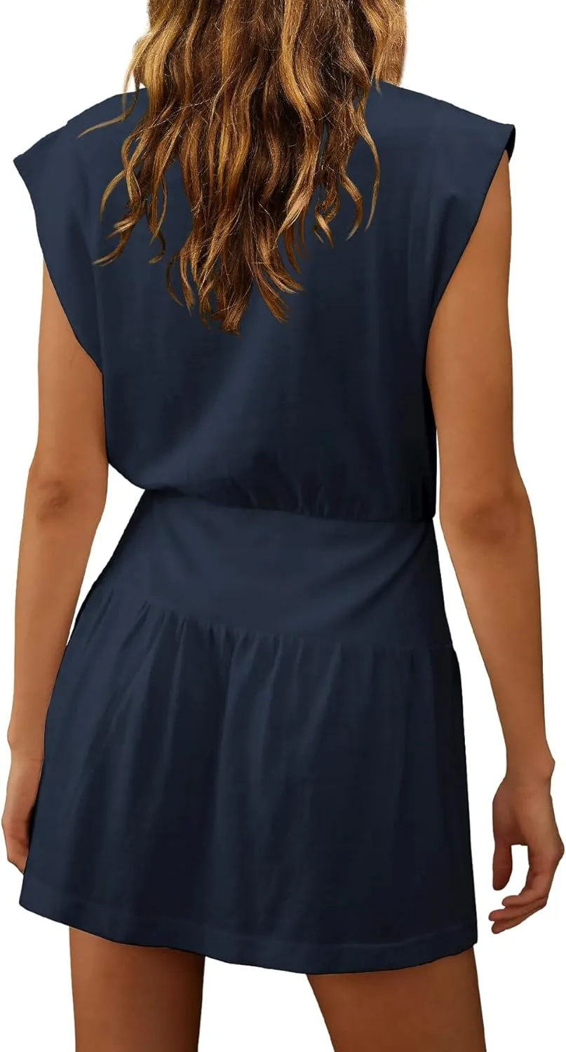 LAMISSCHE Womens Summer Mini Dress Cap Sleeve V Neck Dress High Waisted Cute Flowy Dresses Sundress
