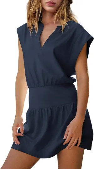 LAMISSCHE Womens Summer Mini Dress Cap Sleeve V Neck Dress High Waisted Cute Flowy Dresses Sundress