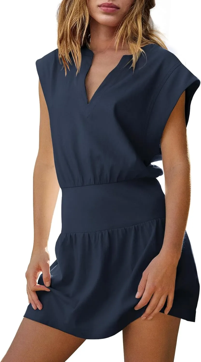 LAMISSCHE Womens Summer Mini Dress Cap Sleeve V Neck Dress High Waisted Cute Flowy Dresses Sundress