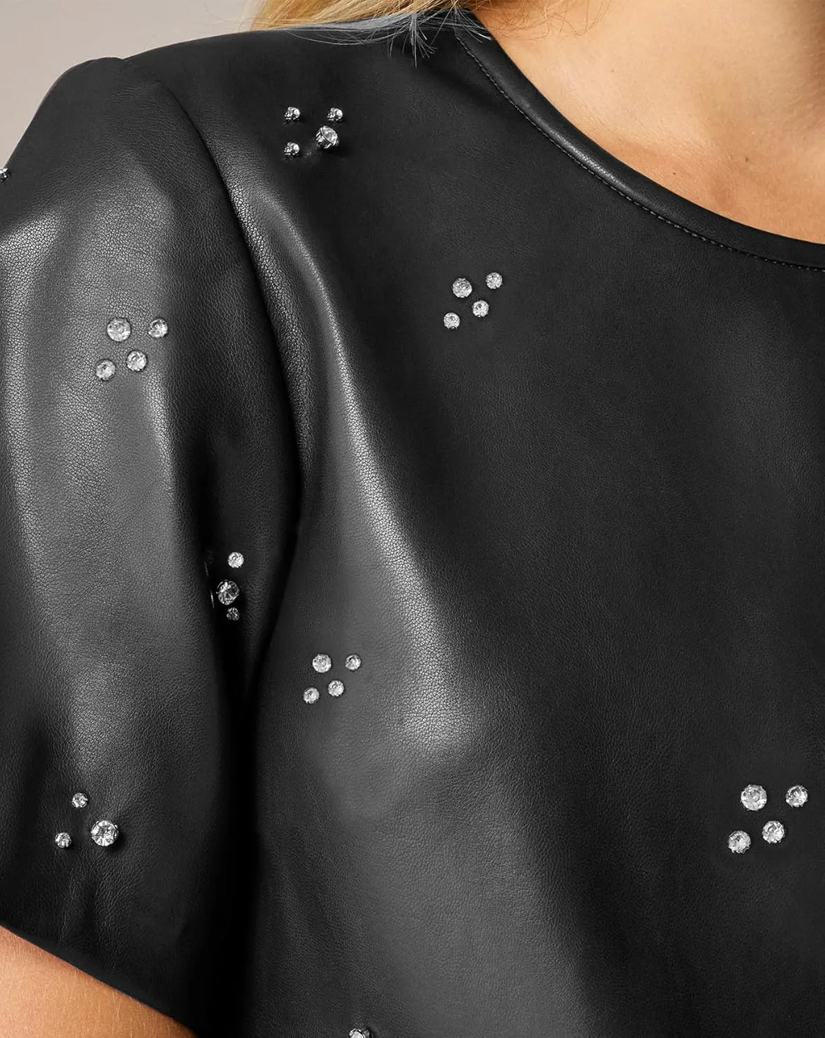 LifeShe Rhinestone Faux Leather Dress for Women Casual Short Sleeve Crew Neck Elegant A-line Mini PU Dresses