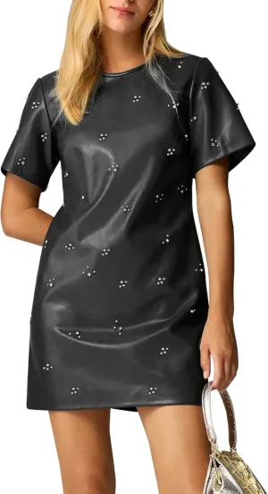 LifeShe Rhinestone Faux Leather Dress for Women Casual Short Sleeve Crew Neck Elegant A-line Mini PU Dresses