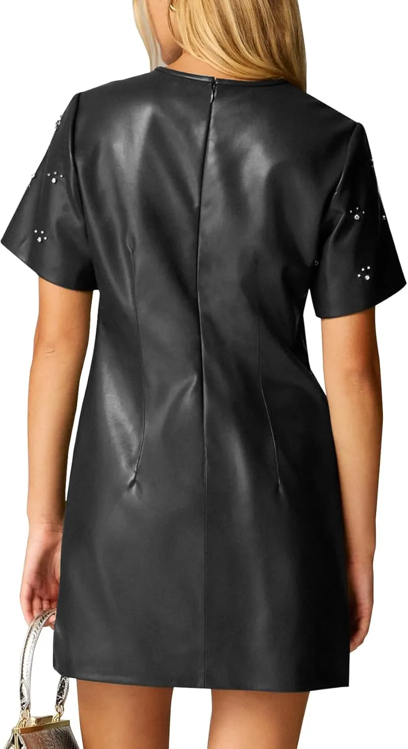LifeShe Rhinestone Faux Leather Dress for Women Casual Short Sleeve Crew Neck Elegant A-line Mini PU Dresses