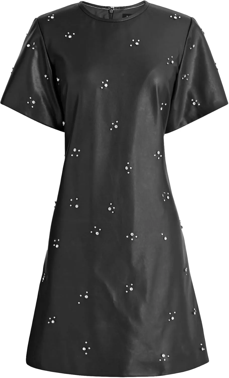 LifeShe Rhinestone Faux Leather Dress for Women Casual Short Sleeve Crew Neck Elegant A-line Mini PU Dresses
