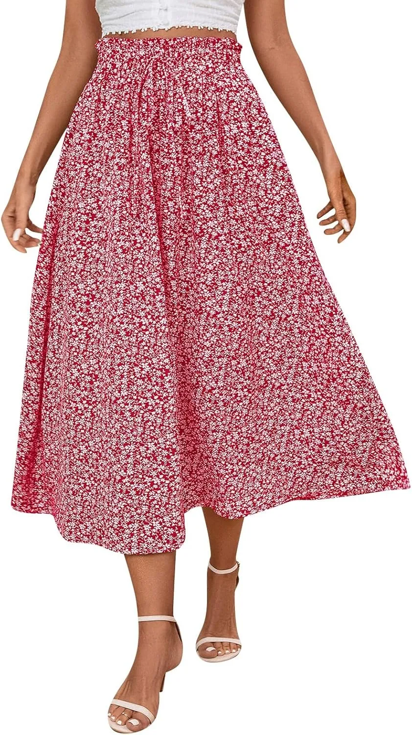 Linen Skirts for Women Trendy Lightweight Floral Maxi Skirt Casual Drawstring High Waisted Flowy Skirt with Pockets