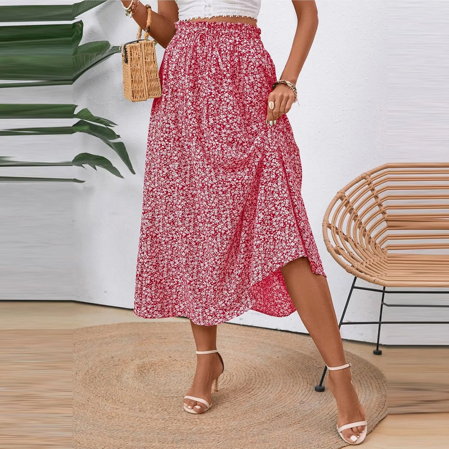 Linen Skirts for Women Trendy Lightweight Floral Maxi Skirt Casual Drawstring High Waisted Flowy Skirt with Pockets