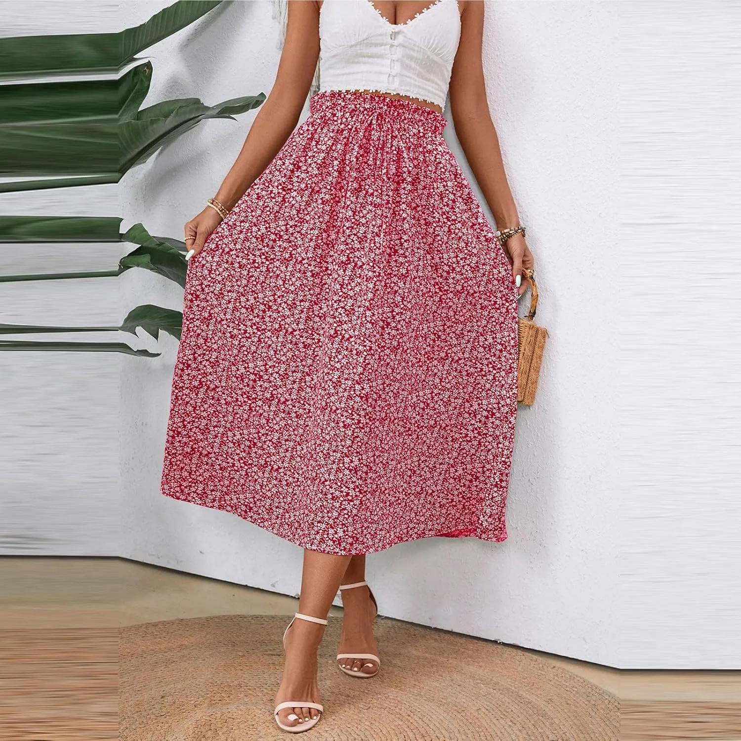 Linen Skirts for Women Trendy Lightweight Floral Maxi Skirt Casual Drawstring High Waisted Flowy Skirt with Pockets