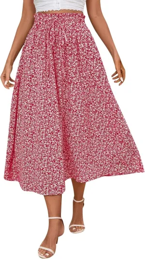 Linen Skirts for Women Trendy Lightweight Floral Maxi Skirt Casual Drawstring High Waisted Flowy Skirt with Pockets