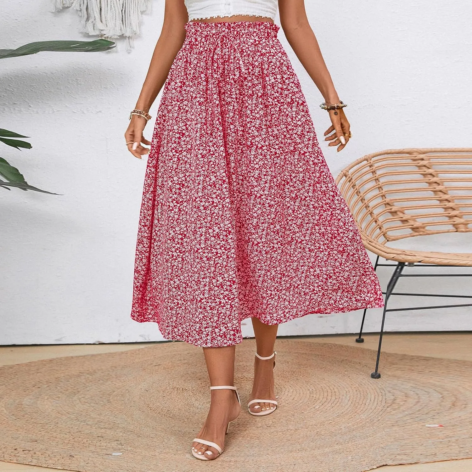 Linen Skirts for Women Trendy Lightweight Floral Maxi Skirt Casual Drawstring High Waisted Flowy Skirt with Pockets