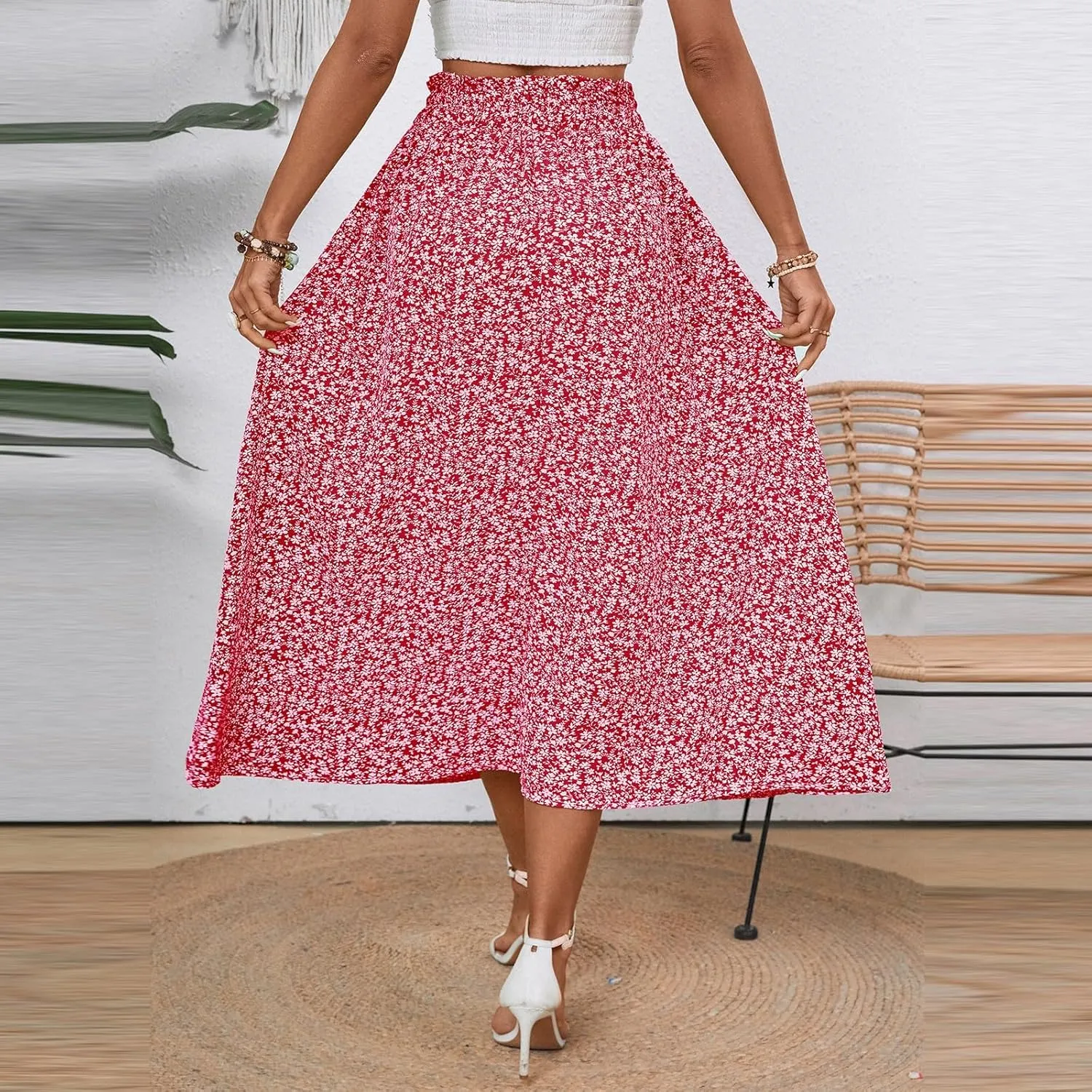 Linen Skirts for Women Trendy Lightweight Floral Maxi Skirt Casual Drawstring High Waisted Flowy Skirt with Pockets