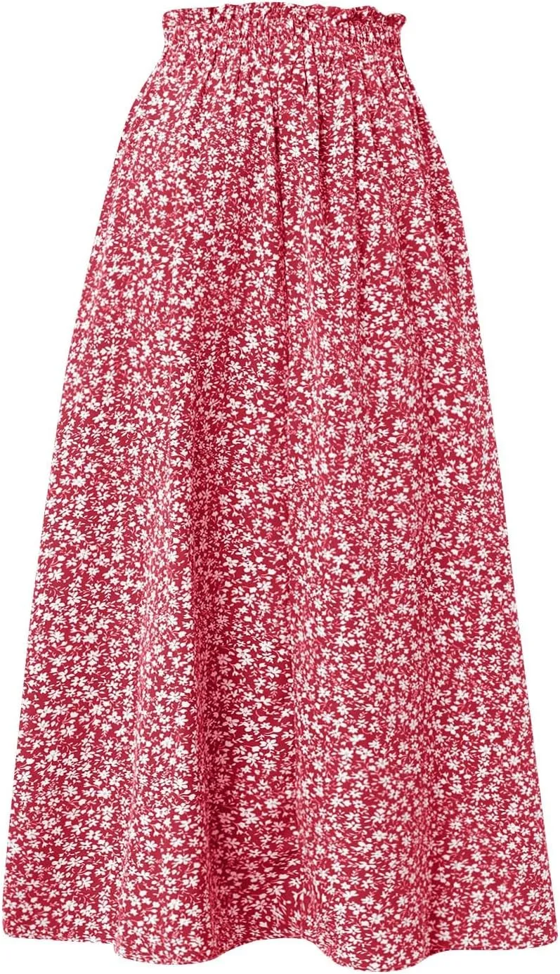 Linen Skirts for Women Trendy Lightweight Floral Maxi Skirt Casual Drawstring High Waisted Flowy Skirt with Pockets
