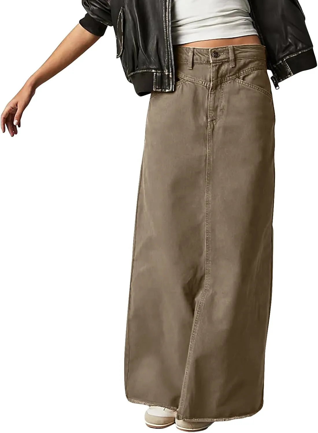Long Denim Skirts for Women Trendy Frayed Hem Button Down High Waisted Jean Skirt Maxi Jean Skirt with Pockets