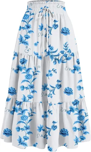 Long Skirts for Women Maxi Boho Summer Floral Print A Line Skirts Drawstring Elastic High Waist Pleated Tiered Skirt