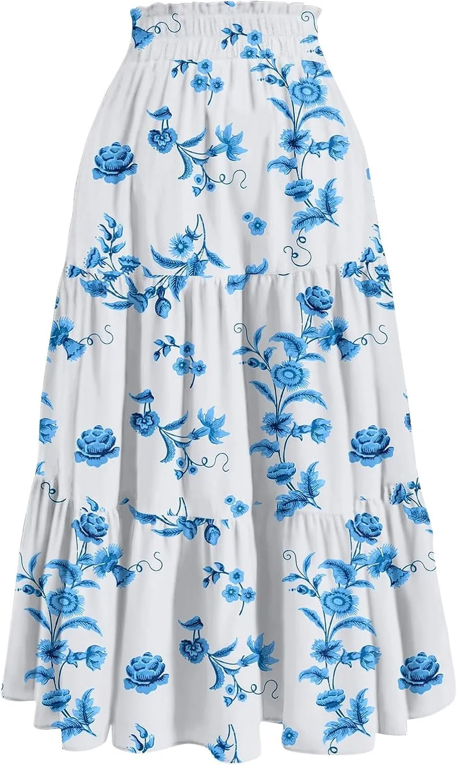 Long Skirts for Women Maxi Boho Summer Floral Print A Line Skirts Drawstring Elastic High Waist Pleated Tiered Skirt