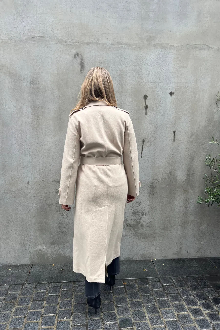 Long Trench Coat Pressed Wool Almond