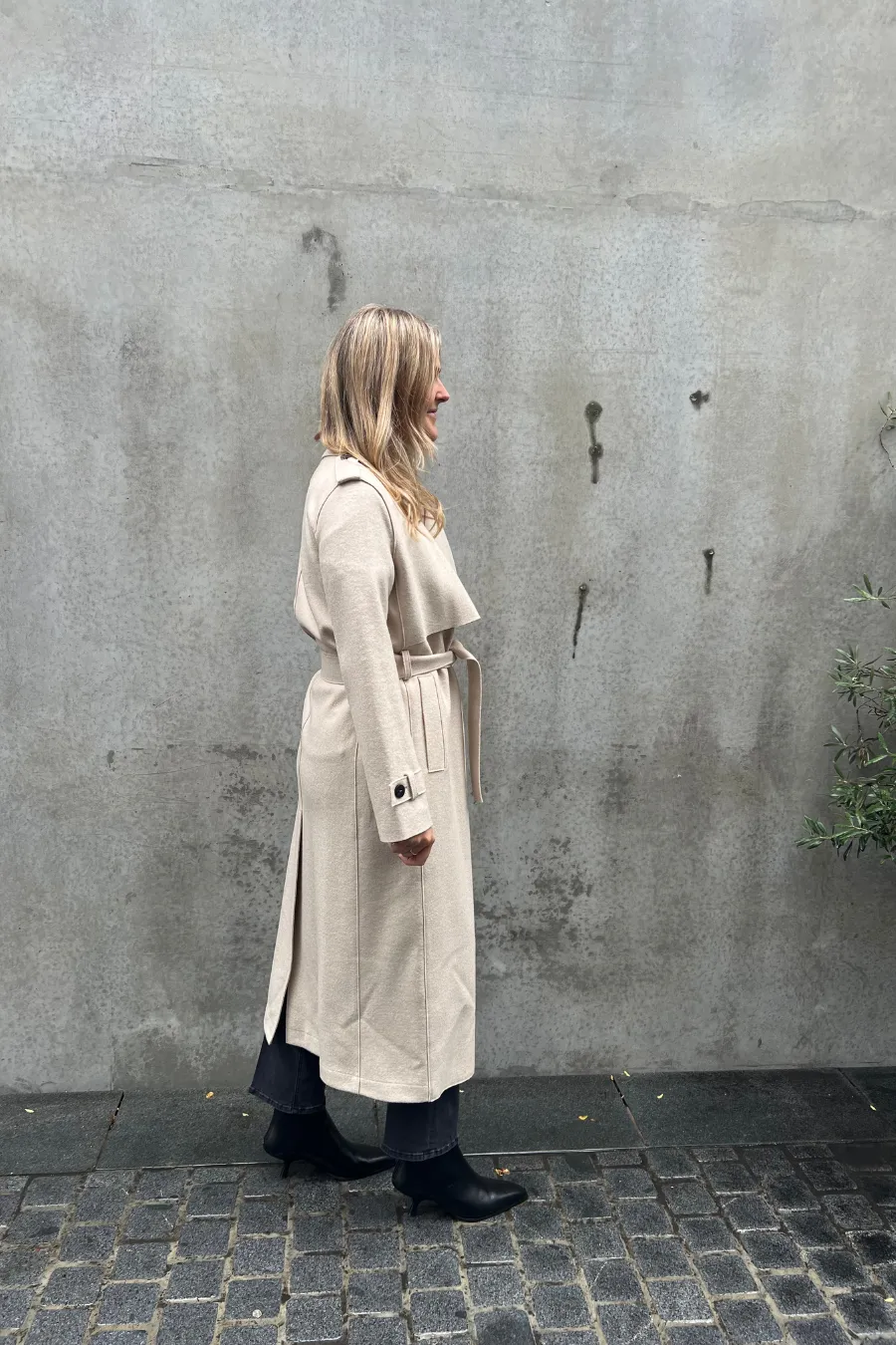 Long Trench Coat Pressed Wool Almond