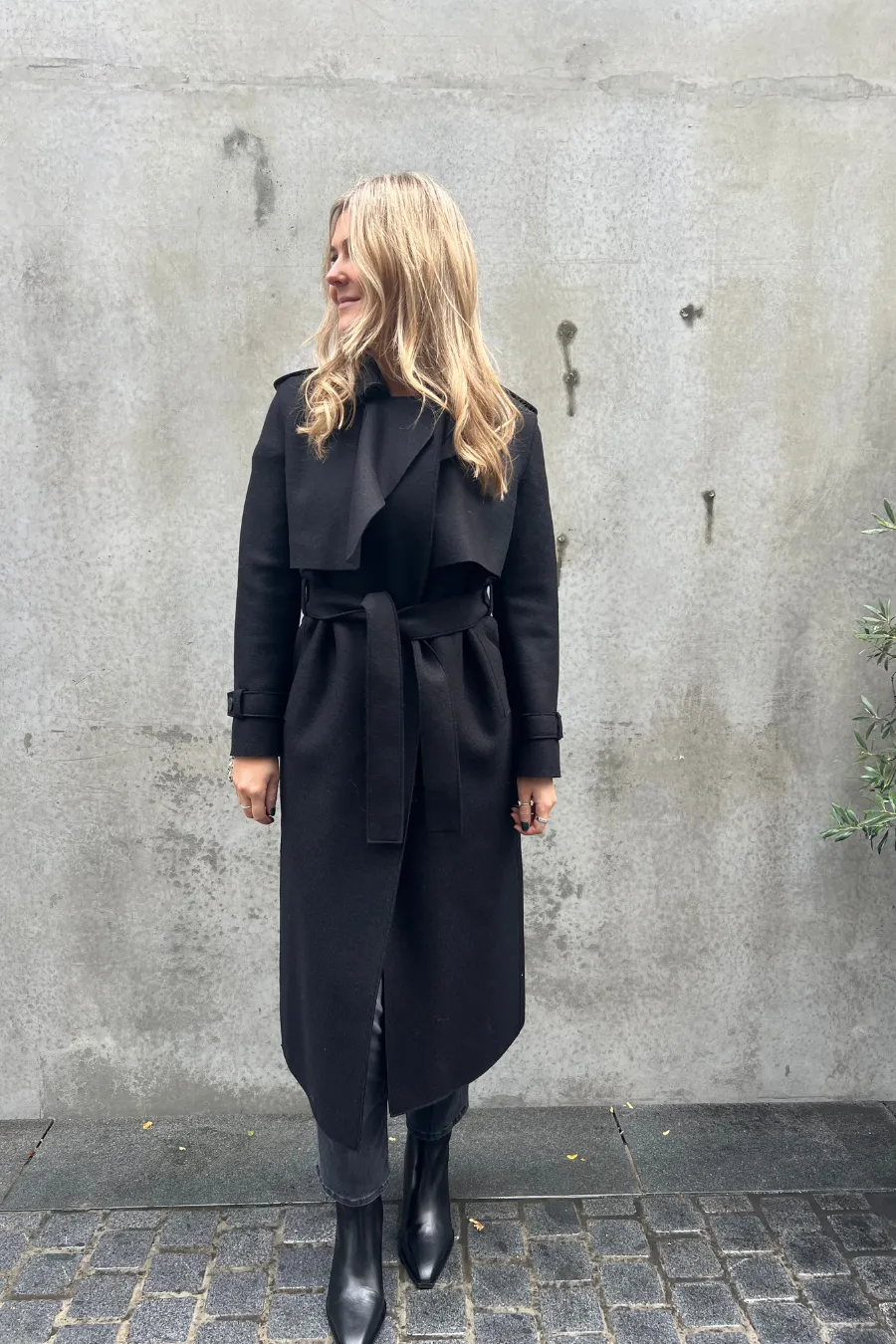Long Trench Coat Pressed Wool Black
