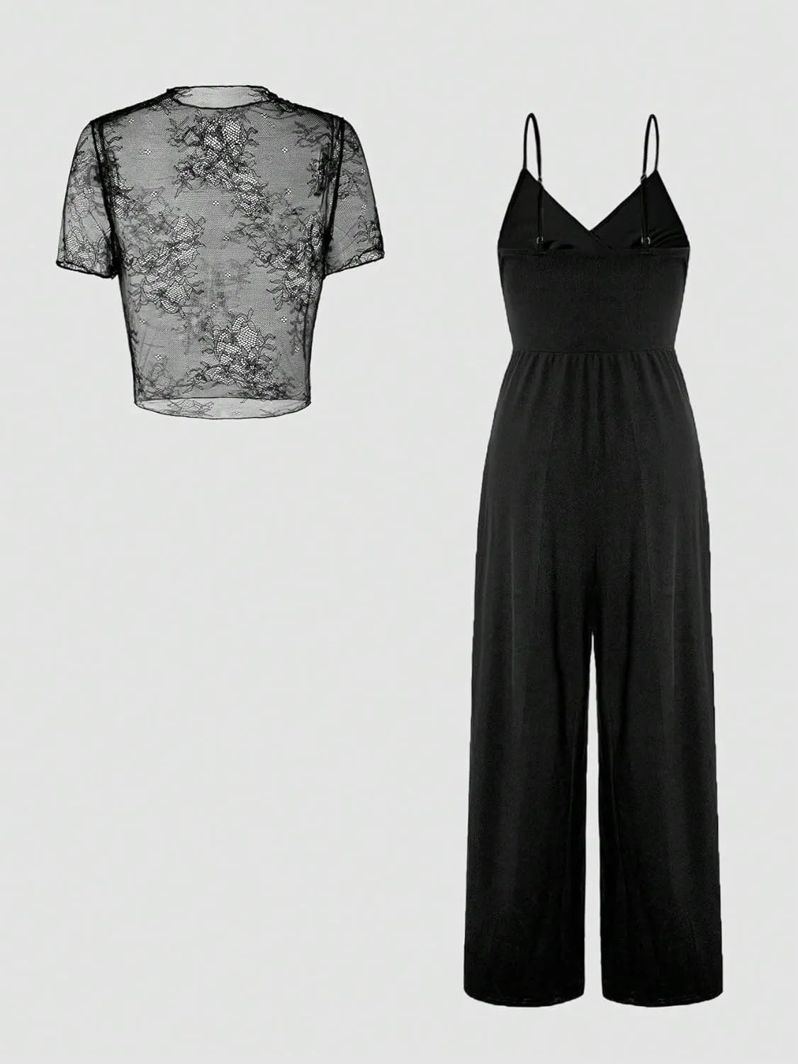 Lounge Sets for Women 2 Piece Lace See-Through Camisole & Jumpsuit Set