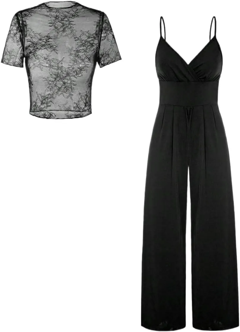 Lounge Sets for Women 2 Piece Lace See-Through Camisole & Jumpsuit Set