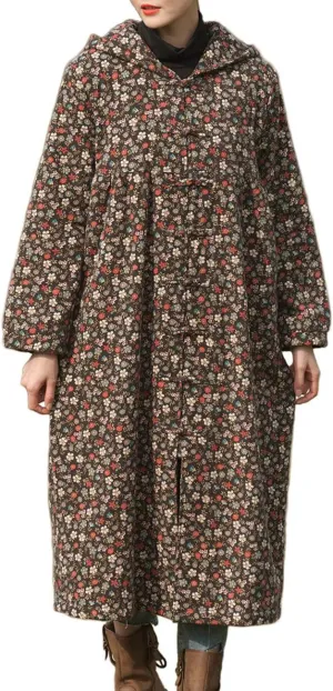 LZJN Women Winter Long Overcoat Floral Printed Trench Coat Windbreaker Vintage Chinese Fleece Lined Warm Hooded Jacket