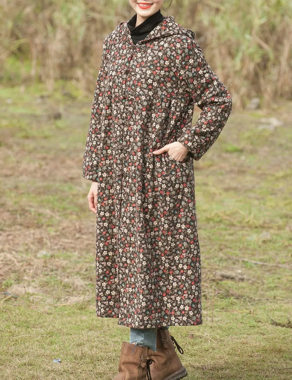 LZJN Women Winter Long Overcoat Floral Printed Trench Coat Windbreaker Vintage Chinese Fleece Lined Warm Hooded Jacket