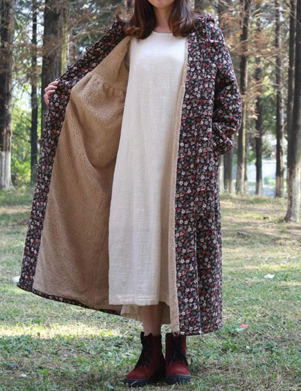 LZJN Women Winter Long Overcoat Floral Printed Trench Coat Windbreaker Vintage Chinese Fleece Lined Warm Hooded Jacket