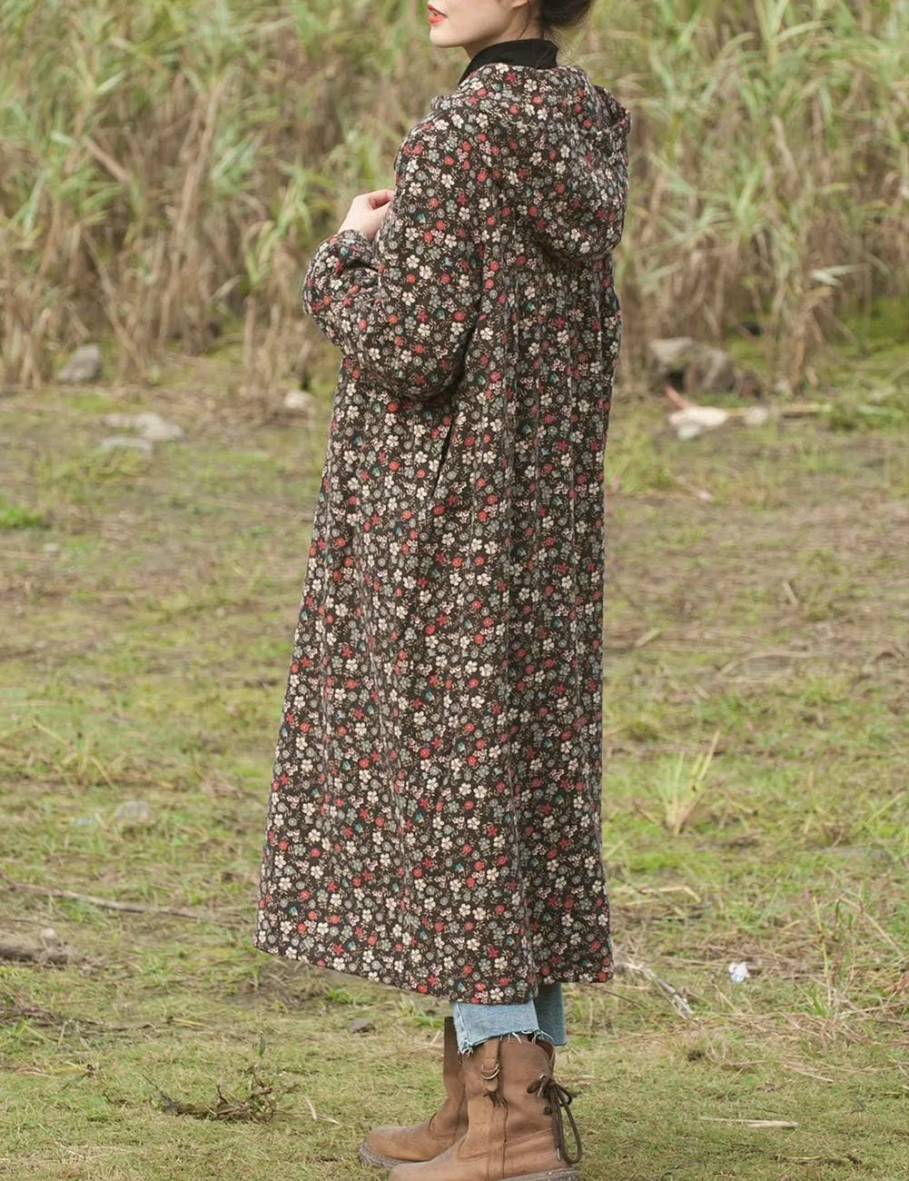 LZJN Women Winter Long Overcoat Floral Printed Trench Coat Windbreaker Vintage Chinese Fleece Lined Warm Hooded Jacket