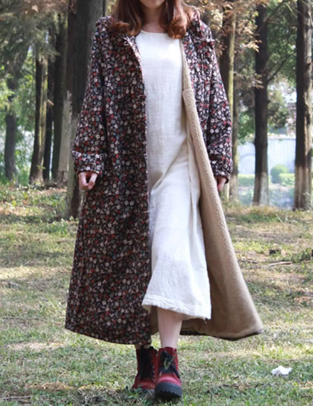 LZJN Women Winter Long Overcoat Floral Printed Trench Coat Windbreaker Vintage Chinese Fleece Lined Warm Hooded Jacket