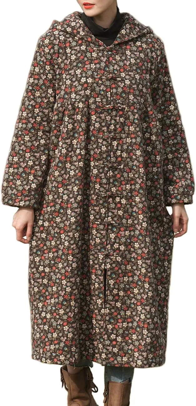 LZJN Women Winter Long Overcoat Floral Printed Trench Coat Windbreaker Vintage Chinese Fleece Lined Warm Hooded Jacket