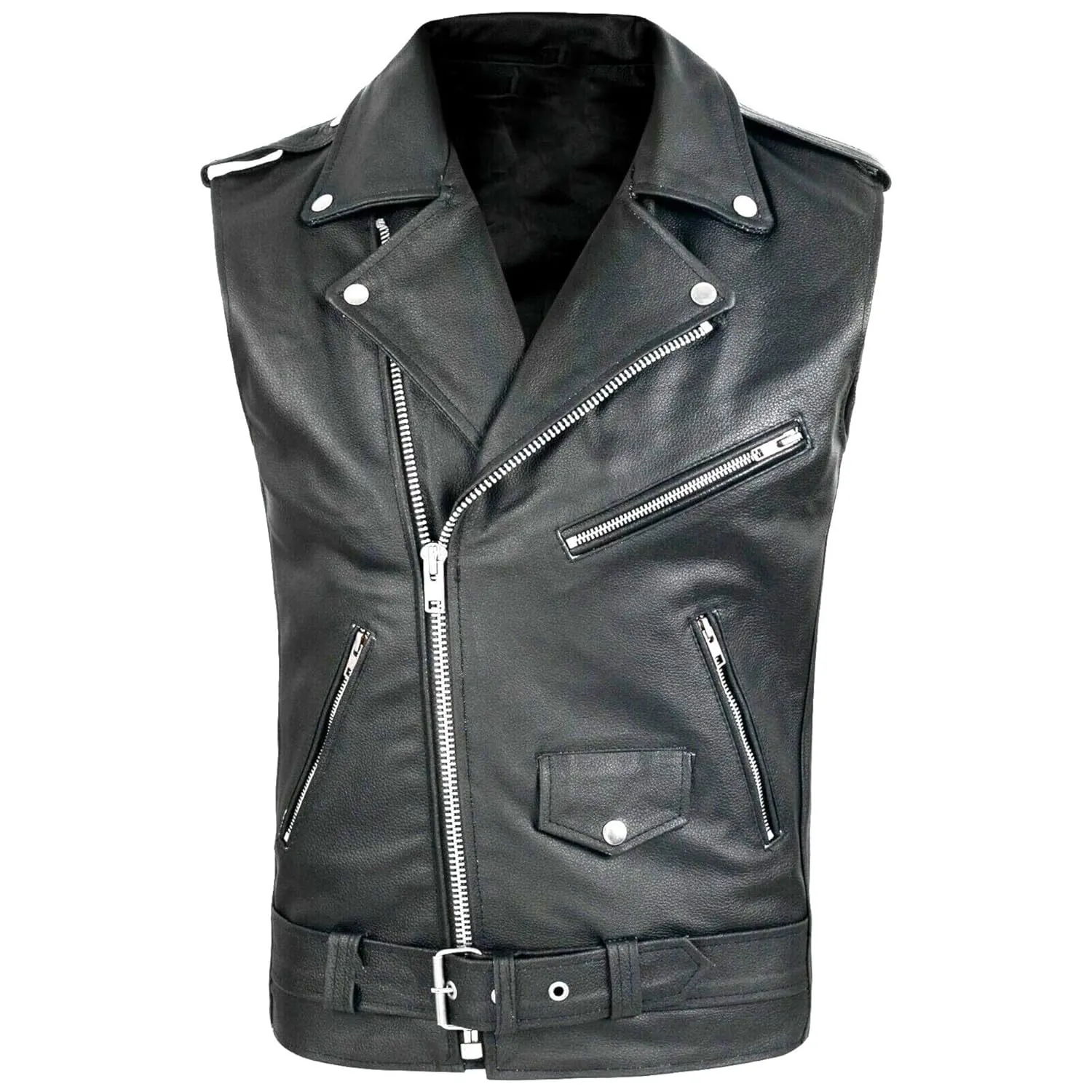 Maiyifu-GJ Men's Faux Leather Biker Sleeveless Jacket Vintage Asymmetric Zip Motorcycle Vest PU Lightweight Punk Belted Coat (Blacka1,X-Large)