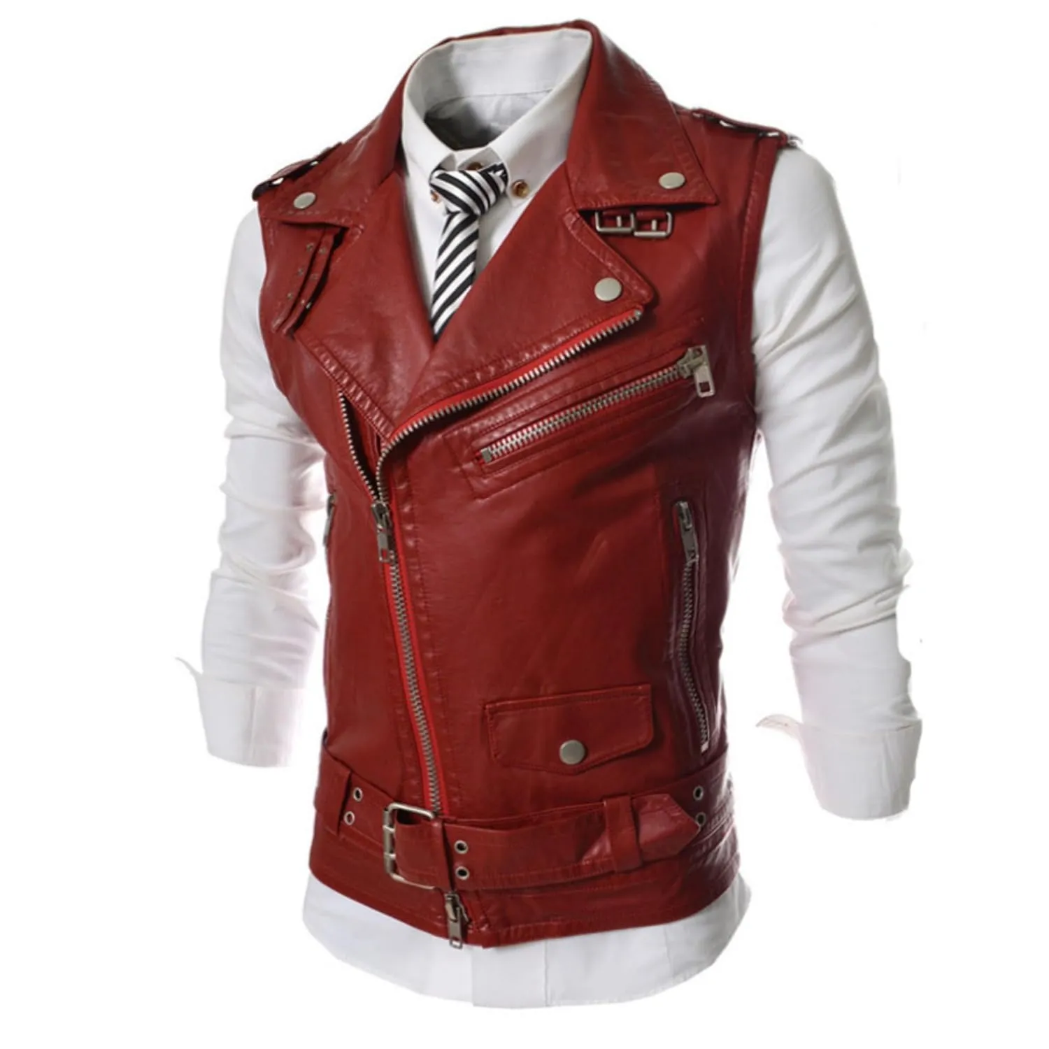 Maiyifu-GJ Men's Faux Leather Biker Sleeveless Jacket Vintage Asymmetric Zip Motorcycle Vest PU Lightweight Punk Belted Coat (Reda2,X-Large)
