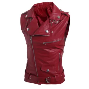Maiyifu-GJ Men's Faux Leather Biker Sleeveless Jacket Vintage Asymmetric Zip Motorcycle Vest PU Lightweight Punk Belted Coat (Reda2,X-Large)