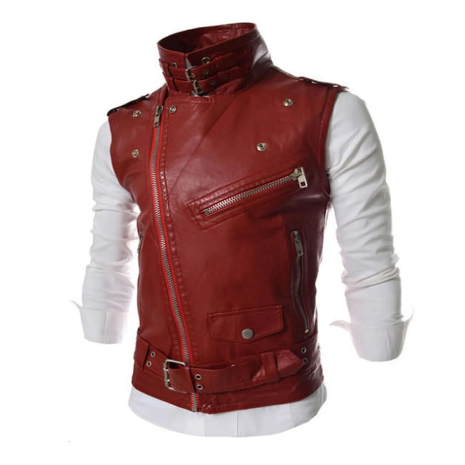 Maiyifu-GJ Men's Faux Leather Biker Sleeveless Jacket Vintage Asymmetric Zip Motorcycle Vest PU Lightweight Punk Belted Coat (Reda2,X-Large)