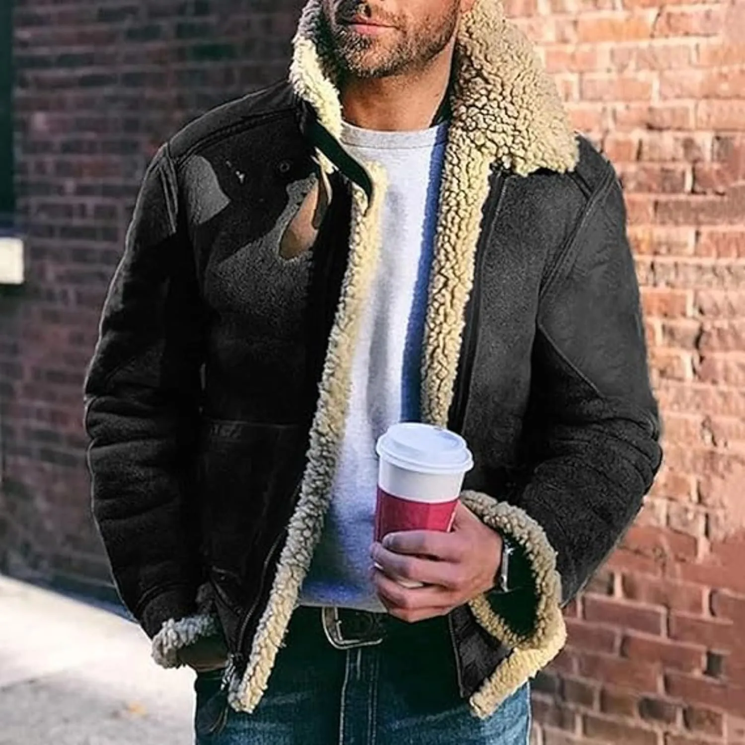Maiyifu-GJ Men's Retro Sherpa Fleece Lined Jacket Distressed Full-Zip Winter Warm Coat Faux Pu Leather Lapel Trucker Jacket (BlackA1,X-Large)