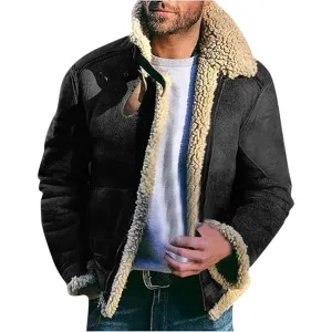 Maiyifu-GJ Men's Retro Sherpa Fleece Lined Jacket Distressed Full-Zip Winter Warm Coat Faux Pu Leather Lapel Trucker Jacket (BlackA1,X-Large)