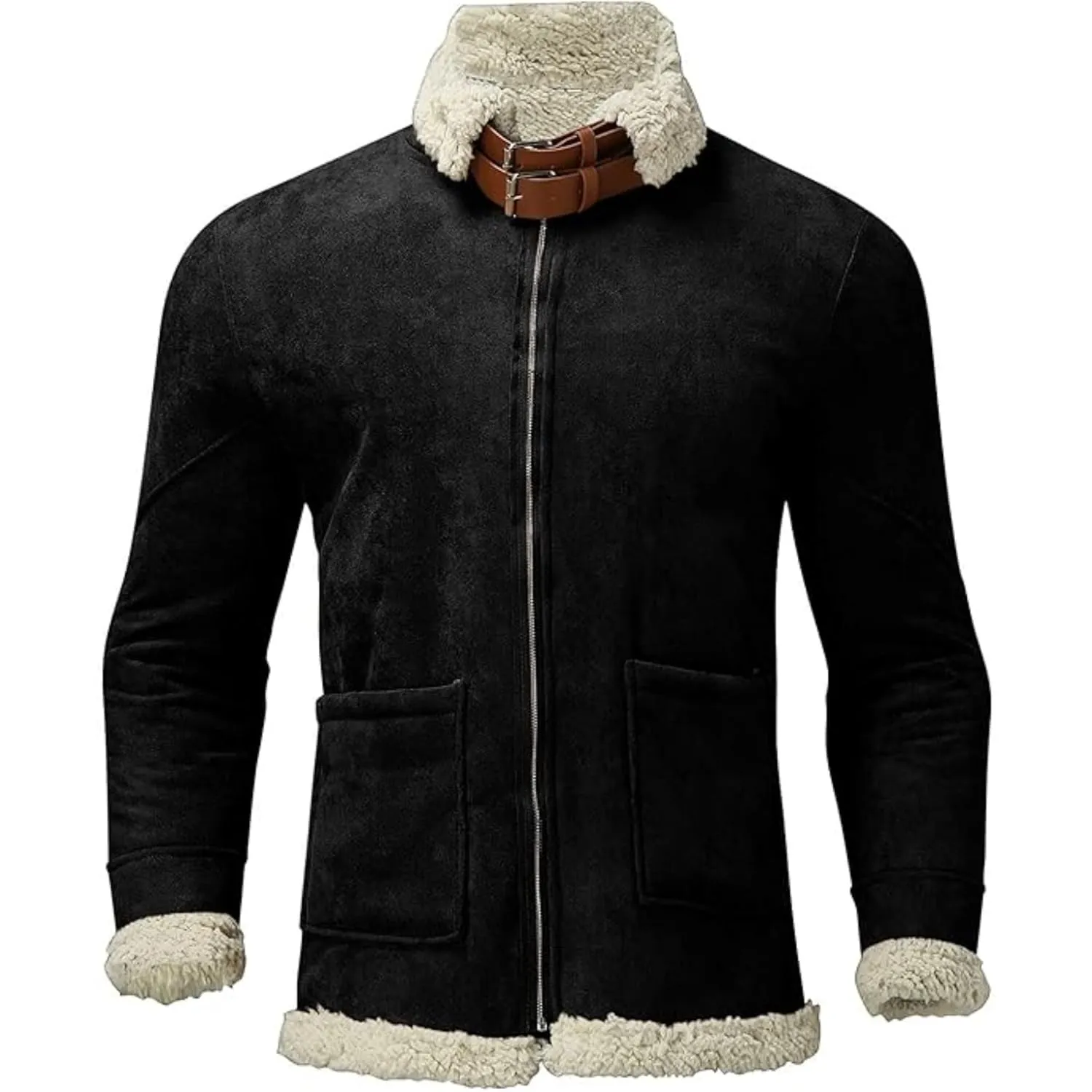 Maiyifu-GJ Men's Retro Sherpa Fleece Lined Jacket Distressed Full-Zip Winter Warm Coat Faux Pu Leather Lapel Trucker Jacket (BlackA1,X-Large)