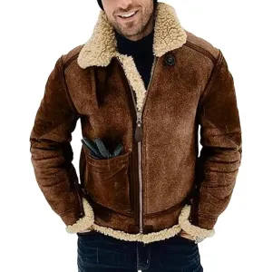 Maiyifu-GJ Men's Retro Sherpa Fleece Lined Jacket Distressed Full-Zip Winter Warm Coat Faux Pu Leather Lapel Trucker Jacket (CamelA1,X-Large)
