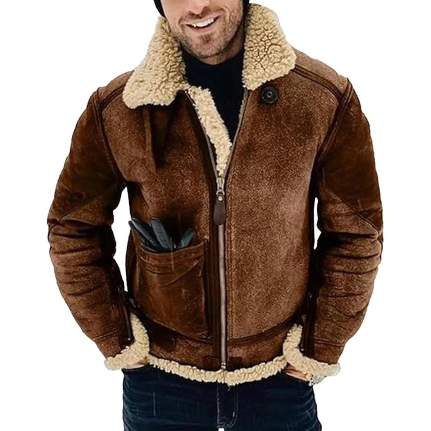 Maiyifu-GJ Men's Retro Sherpa Fleece Lined Jacket Distressed Full-Zip Winter Warm Coat Faux Pu Leather Lapel Trucker Jacket (CamelA1,X-Large)
