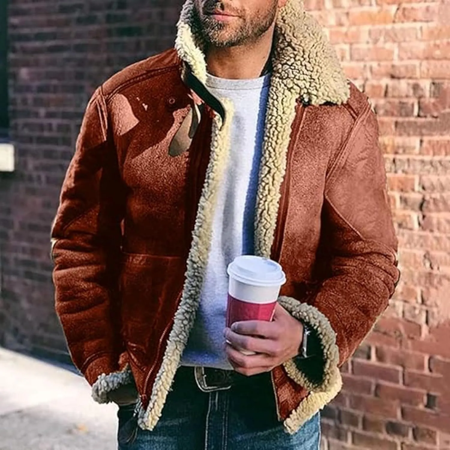 Maiyifu-GJ Men's Retro Sherpa Fleece Lined Jacket Distressed Full-Zip Winter Warm Coat Faux Pu Leather Lapel Trucker Jacket (RedA1,X-Large)