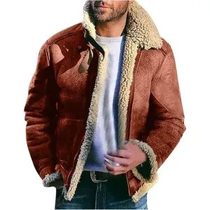 Maiyifu-GJ Men's Retro Sherpa Fleece Lined Jacket Distressed Full-Zip Winter Warm Coat Faux Pu Leather Lapel Trucker Jacket (RedA1,X-Large)