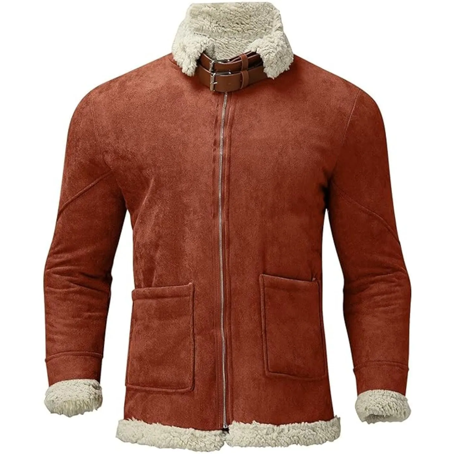 Maiyifu-GJ Men's Retro Sherpa Fleece Lined Jacket Distressed Full-Zip Winter Warm Coat Faux Pu Leather Lapel Trucker Jacket (RedA1,X-Large)