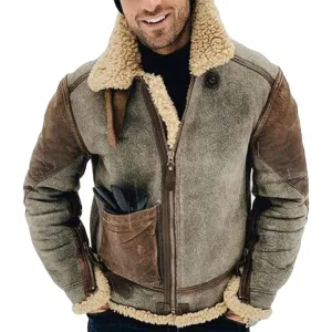 Maiyifu-GJ Men's Retro Sherpa Fleece Lined Jacket Faux Pu Leather Lapel Trucker Jacket Distressed Full-Zip Winter Warm Coat (Brown,X-Large)