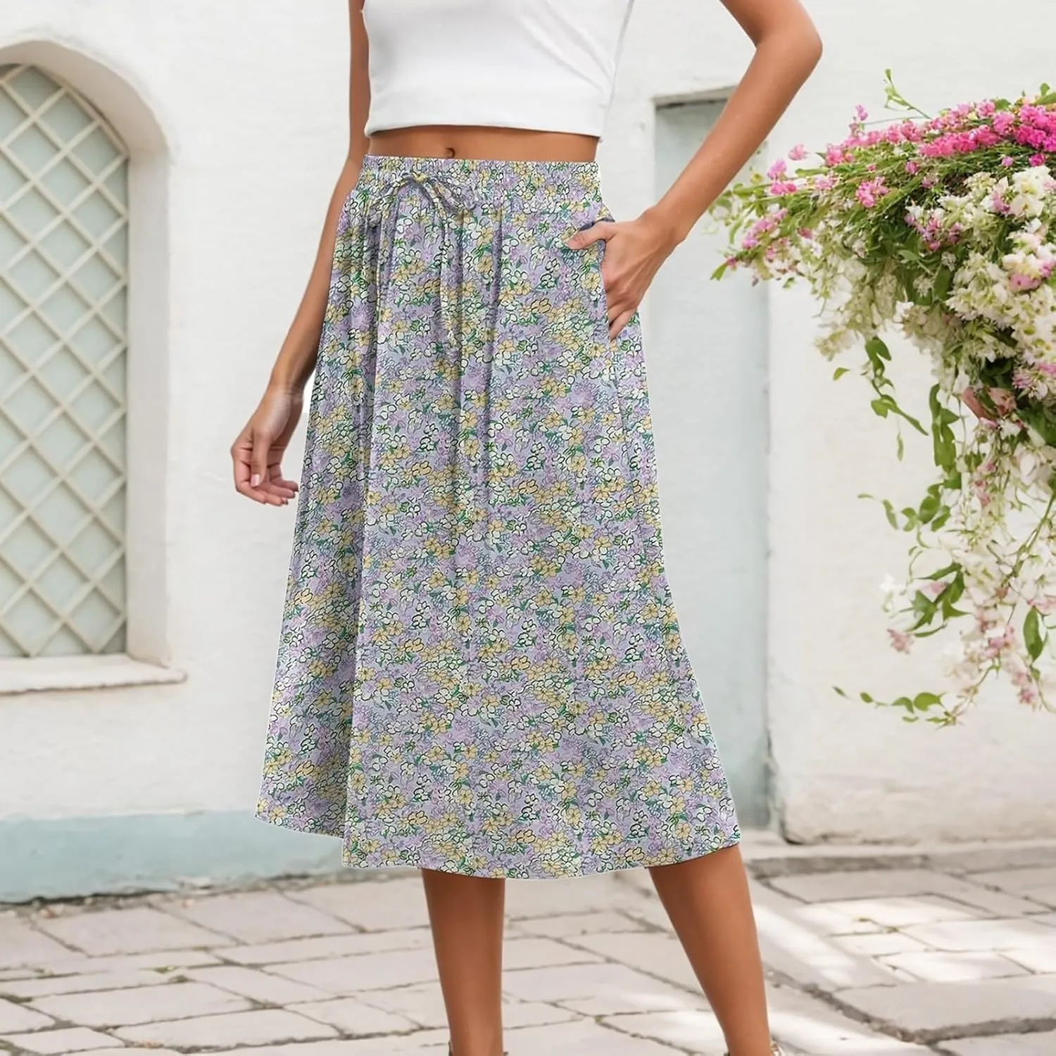 Maxi Skirts for Women 2025 Summer Vacation Comfy Drawstring Waist Pleated A-Line Beach Bohemian Casual Midi Skirts