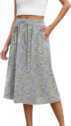 Maxi Skirts for Women 2025 Summer Vacation Comfy Drawstring Waist Pleated A-Line Beach Bohemian Casual Midi Skirts