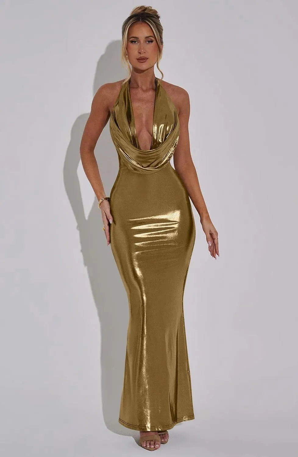 Memoriesea Women's Luxury Metallic Halter Neck Bodycon Party Evening Gown Maxi Dress