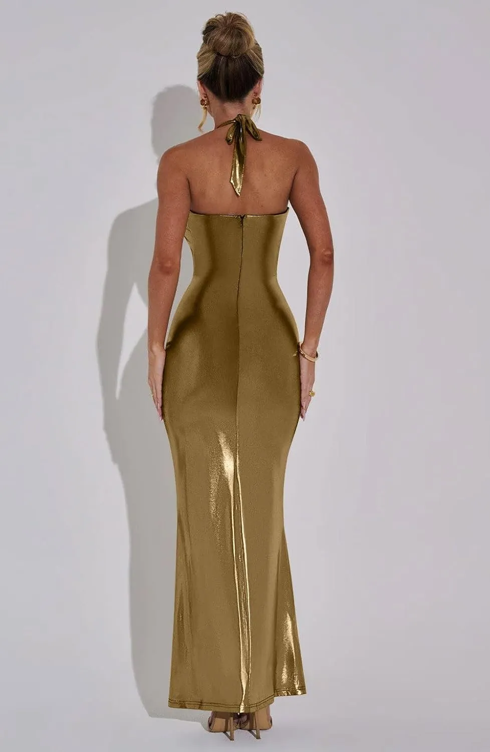 Memoriesea Women's Luxury Metallic Halter Neck Bodycon Party Evening Gown Maxi Dress