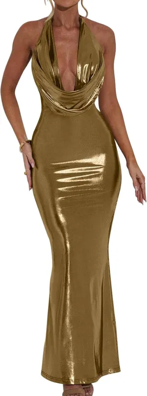 Memoriesea Women's Luxury Metallic Halter Neck Bodycon Party Evening Gown Maxi Dress