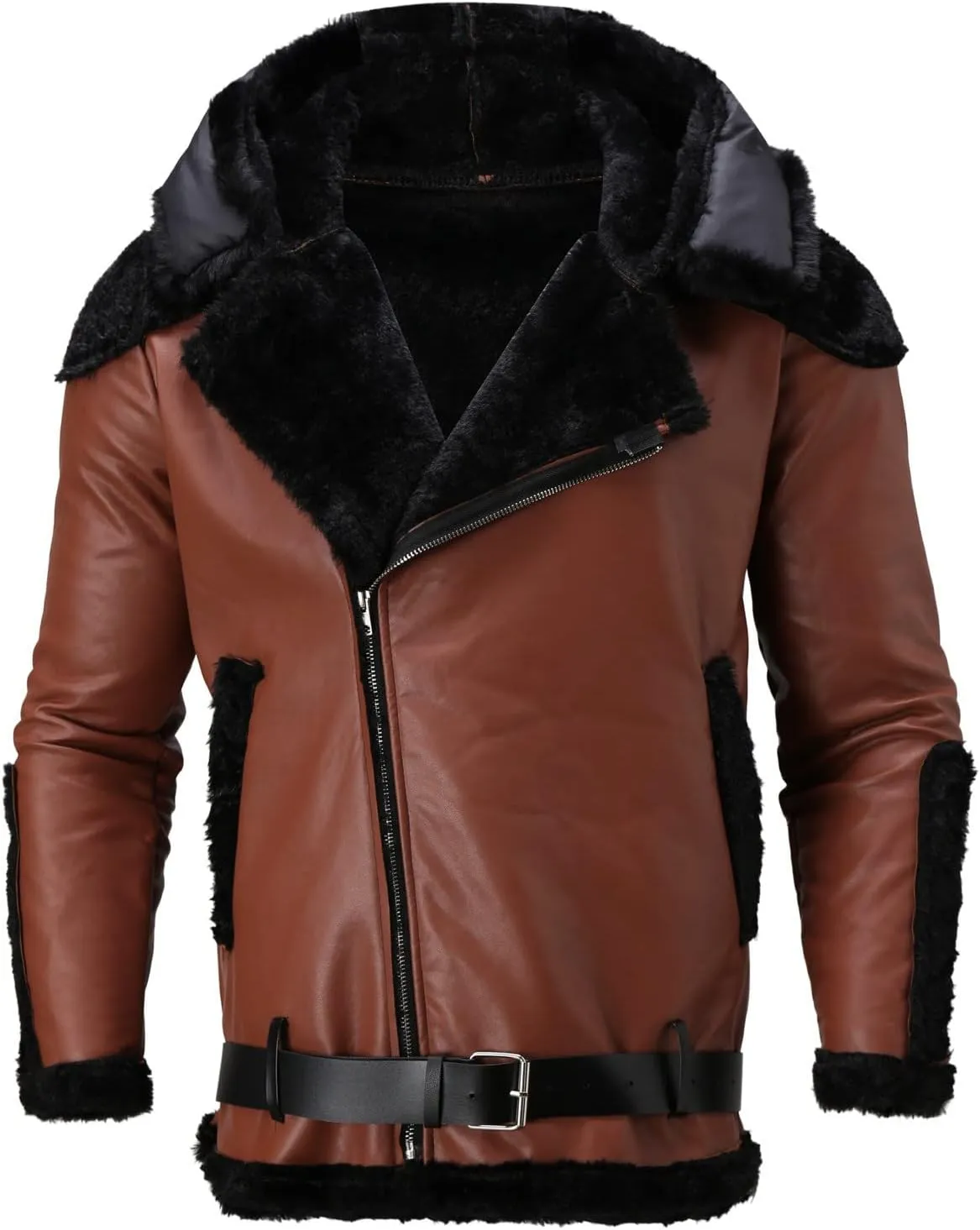 Mens Faux Fur Coat, Gutori Men's Faux Leather Thicken Winter Warm Long Jacket Lightweight Parka Hooded Pea Coat Outwear