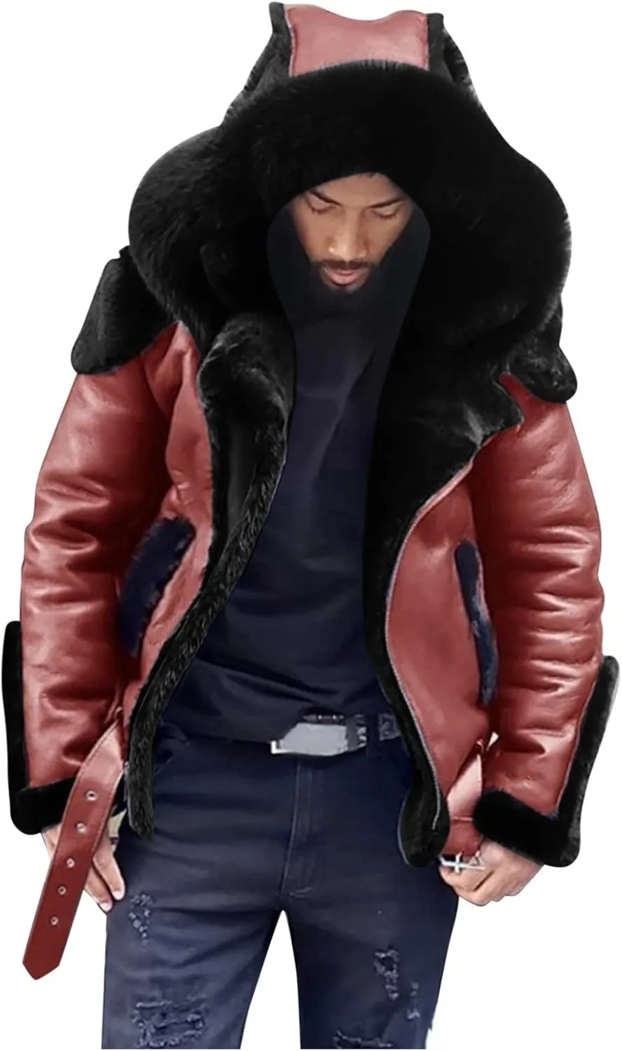 Mens Faux Fur Coat, Gutori Men's Faux Leather Thicken Winter Warm Long Jacket Lightweight Parka Hooded Pea Coat Outwear