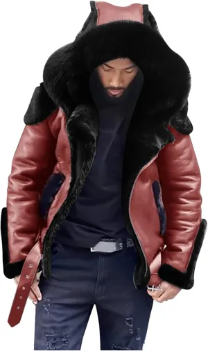 Mens Faux Fur Coat, Gutori Men's Faux Leather Thicken Winter Warm Long Jacket Lightweight Parka Hooded Pea Coat Outwear